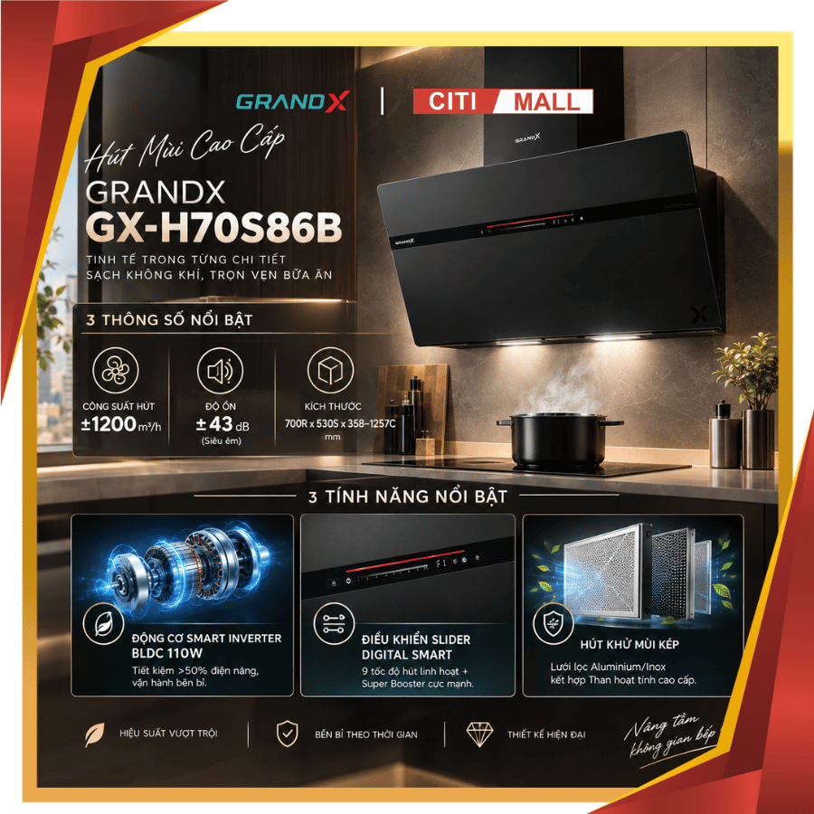 GrandX GX H70S86B - Máy hút mùi áp tường 2026