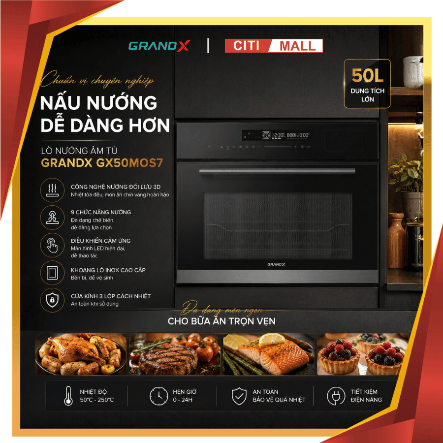 GrandX GX50MOS7 - Lò nướng âm tủ tích hợp lò hấp, lò vi sóng và nồi chiên không dầu 2026