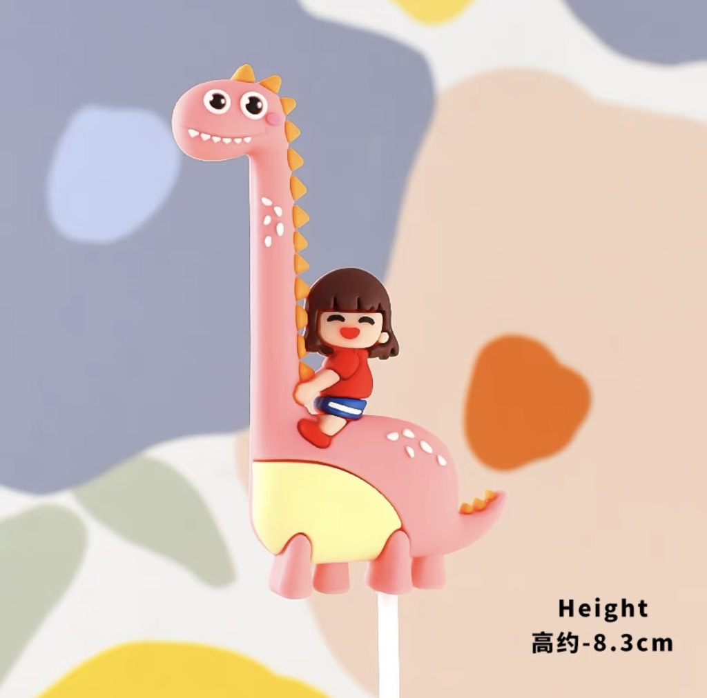 รูปปั้นพลาสติก - สาวน้อยขี่ไดโนเสาร์ (สีชมพู)