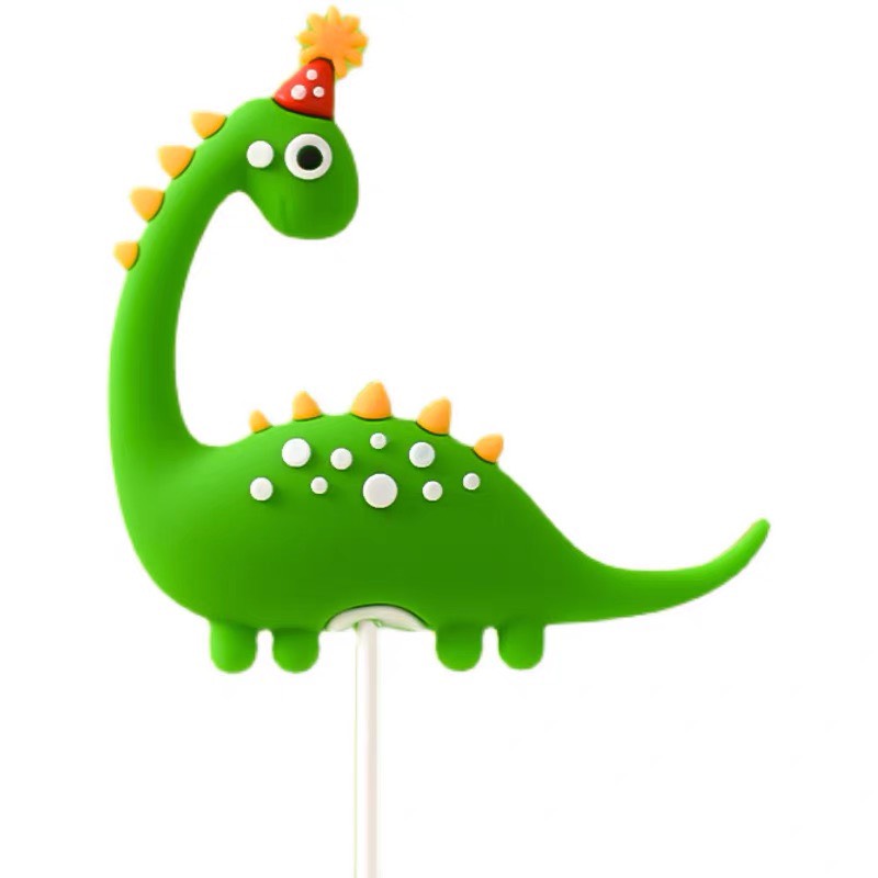 รูปปั้นไดโนเสาร์คอสูงสวมหมวกสีเขียว