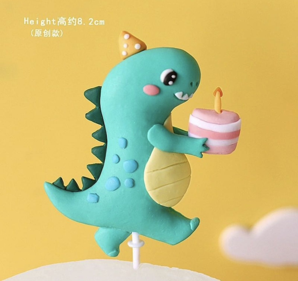 รูปปั้นไดโนเสาร์สีเขียวถือเค้ก(ซิลิคอน)
