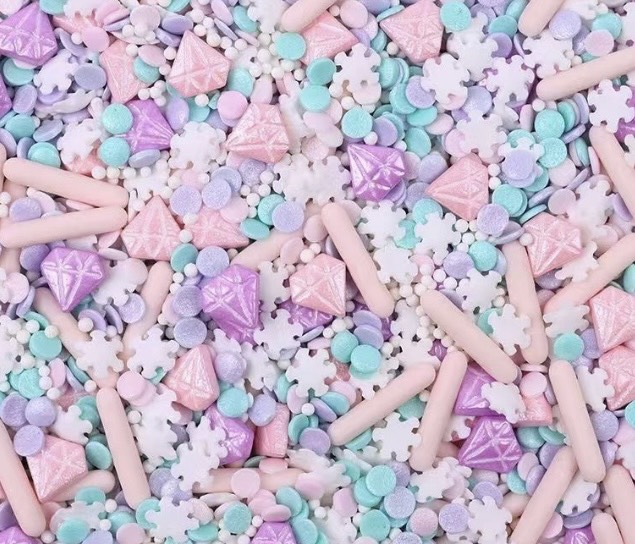 น้ำตาลทรายผสมลายเพชรกลม (ม่วง-ชมพู-เคลือบ-เขียว) (ถุง 100กรัม)