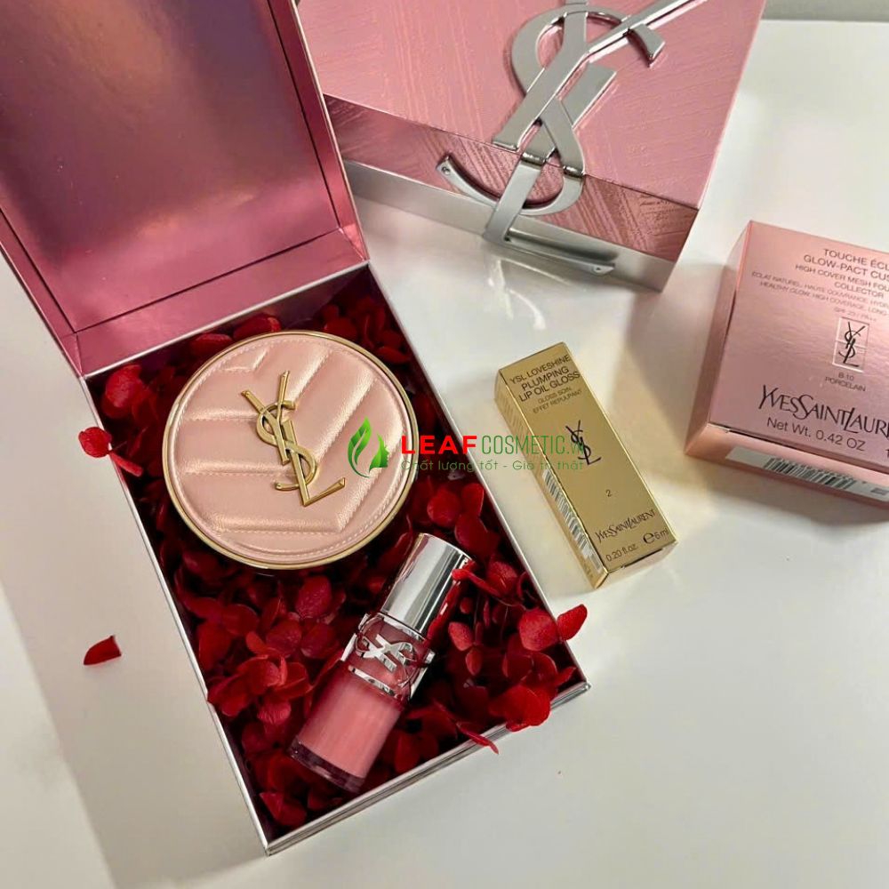 Set YSL cushion hồng B10 và son dưỡng Loveshine Lip Oil 02