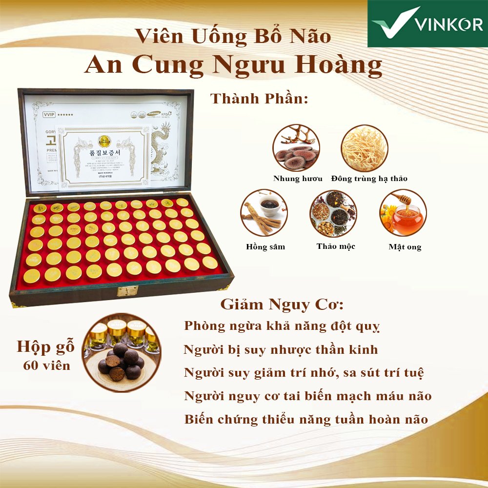 An Cung Ngưu Hoàng Hàn Quốc chính hãng hộp gỗ 60 viên, viên bổ não chống đột quỵ Goryo Gi Ryeok Hwan