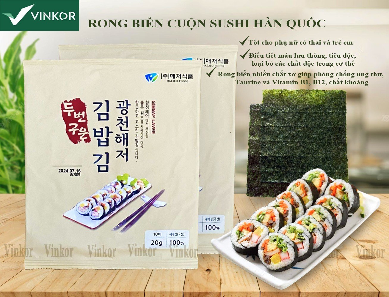 Rong biển Gwangcheon Haejeo loại Sushi cuốn Kimbap gói 10 lá x 20g, Rong biển cuốn cơm Hàn Quốc