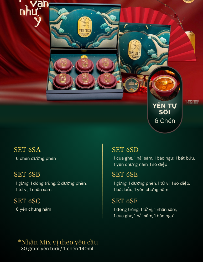 NGỰ YẾN THỊNH VƯỢNG -  Hộp Cao Cấp 6 Chén Yến Tự Sôi 140ml