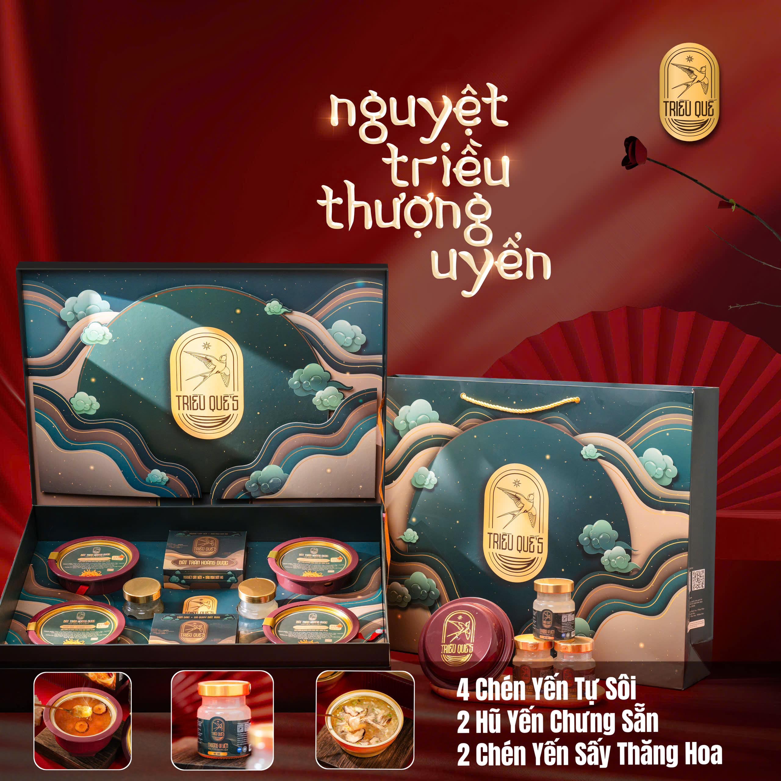 NGUYỆT TRIỀU THƯỢNG UYỂN -  Hộp Cao Cấp Yến Tự Sôi 140ml, Soup Yến ăn liền 140ml & Hũ Yến Chưng Sẵn 70ml