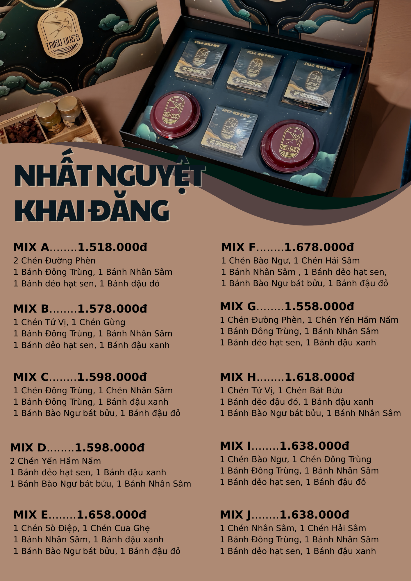 [SET] MIX F - NHẤT NGUYỆT KHAI ĐĂNG (Hộp 4 bánh 2 chén yến tự sôi)