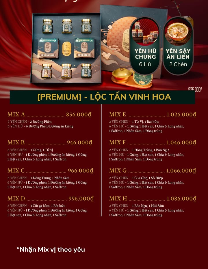 [SET] LỘC TẤN VINH HOA (2 chén yến sấy 6 yến hũ)