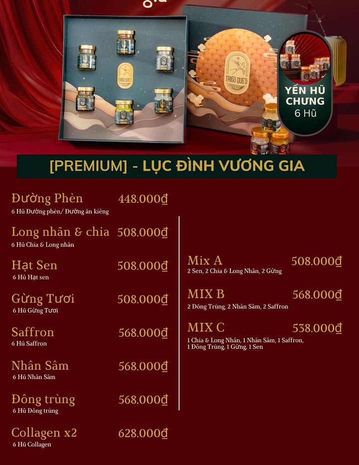 SET LỤC ĐÌNH VƯƠNG GIA (Hộp 6 yến hũ chưng sẵn cao cấp)