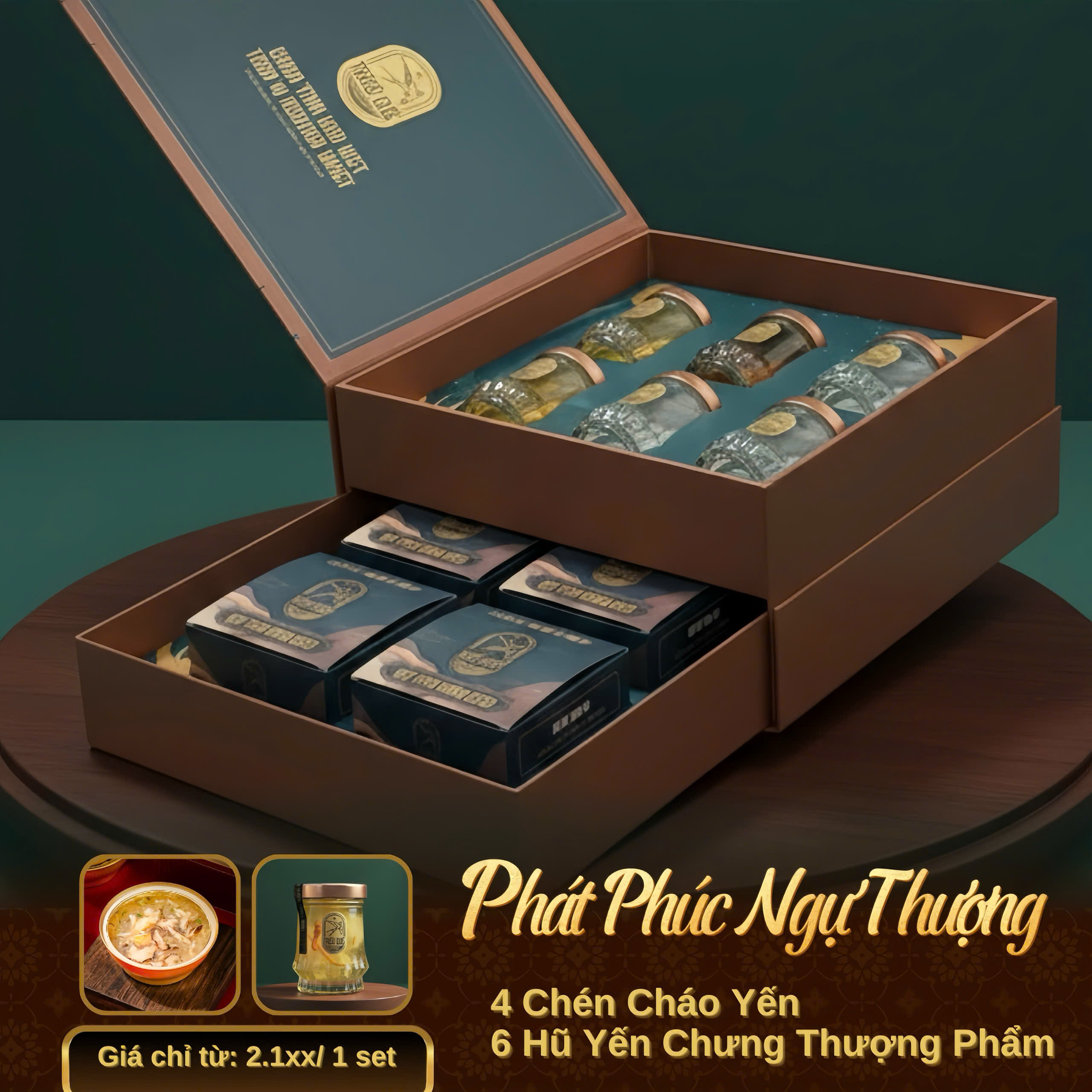 PHÁT PHÚC NGỰ THƯỢNG - Hộp 4 chén Cháo Yến Ăn Liền, 6 Yến Hũ Thượng Phẩm