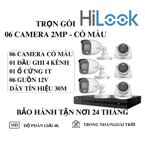(HILOOK) Bộ Kit 6 Camera Cố Định Trong Nhà Và Ngoài Trời (2MP - Có Màu Ban Đêm)
