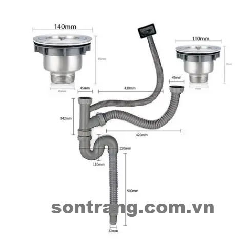 Bộ Xi Phông thoát nước chậu rửa bát 2 hố LỆCH