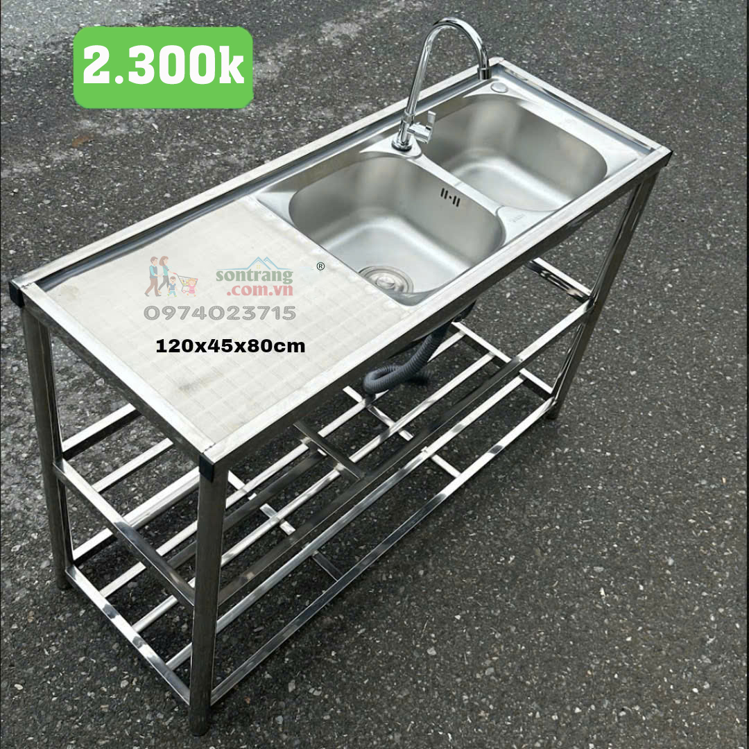 Chậu rửa bát có chân 2 hố CÓ BÀN  (KT 120x45x80)