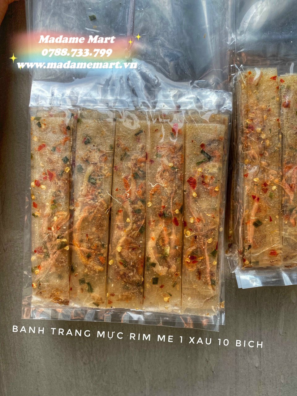 BÁNH TRÁNG DẺO KHÔ MỰC RIM ME (Xâu 10 bịch)