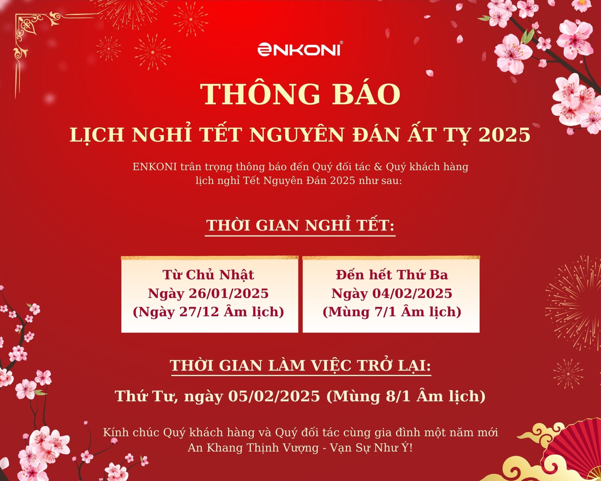 ENKONI - THÔNG BÁO LỊCH NGHỈ TẾT NGUYÊN ĐÁN ẤT TỴ 2025