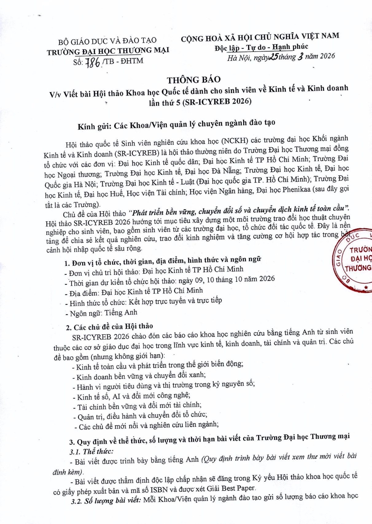 [HOT] HỘI THẢO QUỐC TẾ SINH VIÊN NCKH KHỐI NGÀNH KINH TẾ VÀ KINH DOANH NĂM 2026 (SR-ICYREB 2026) CHÍNH THỨC TRỞ LẠI