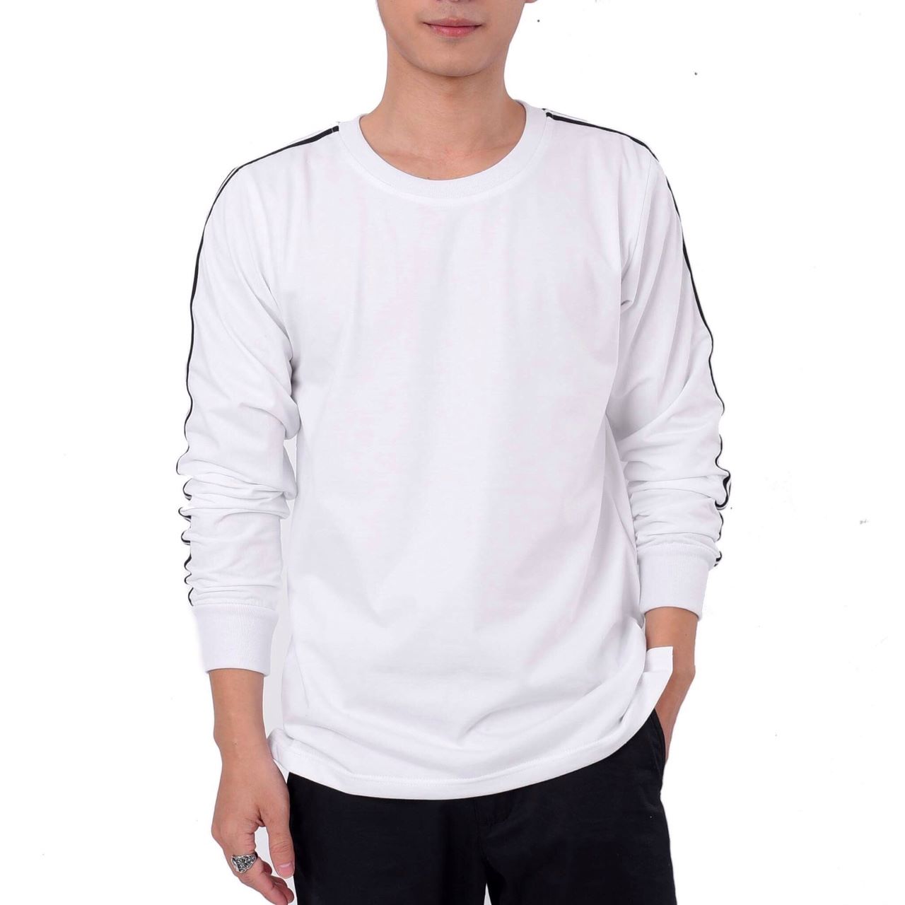 Áo Thun Dài Tay Trắng Basic Sọc Thể Thao