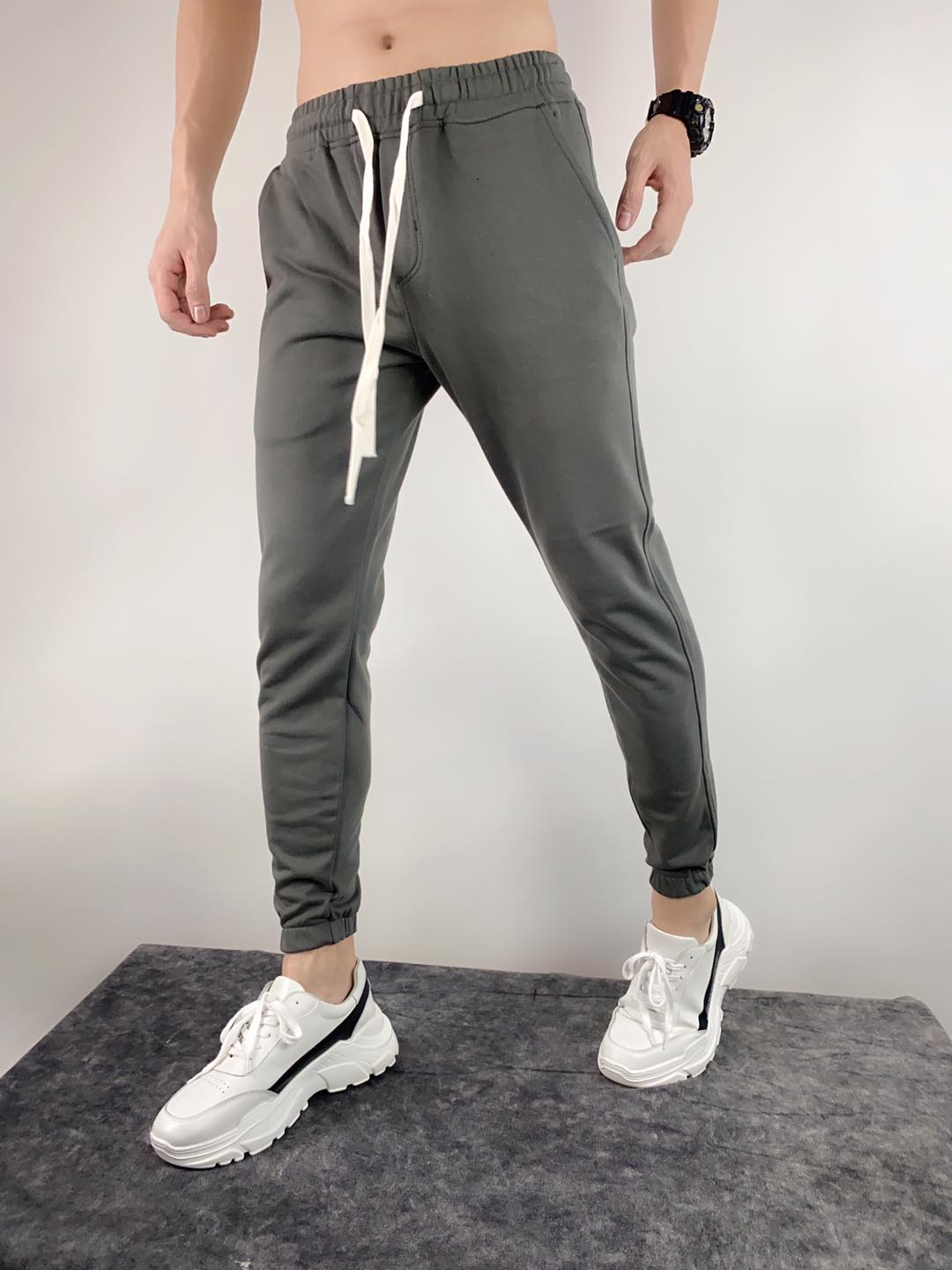 Quần Jogger Thun Trơn Màu Xám Xanh