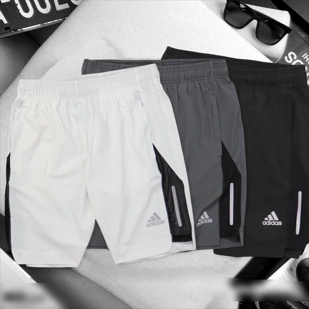 Quần Short Thun Cách Điệu Đen Trắng Xám ADIDAS