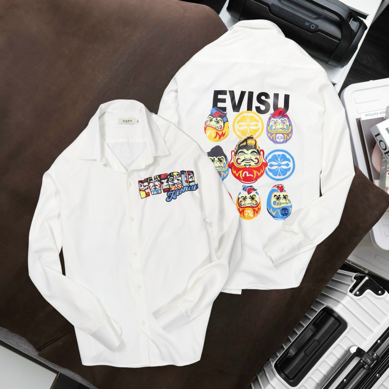 Áo Sơ Mi Nam Dài Tay Họa Tiết Sau Lưng EVISU Màu Trắng