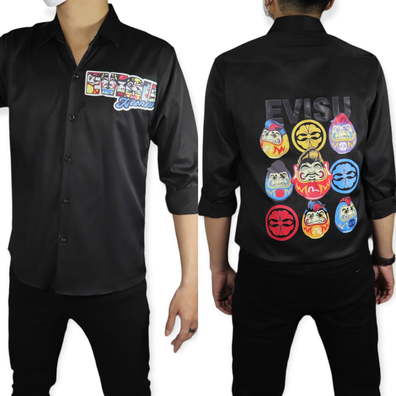 Áo Sơ Mi Nam Dài Tay Họa Tiết Sau Lưng EVISU Màu Đen
