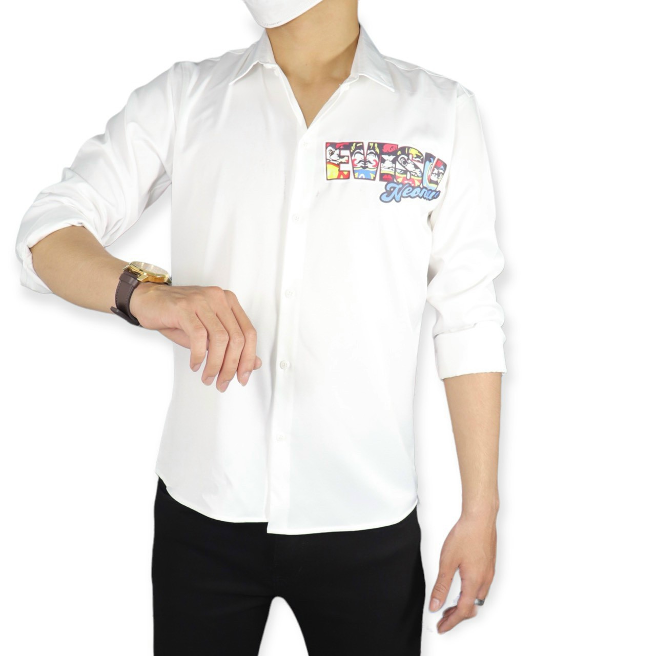 Áo Sơ Mi Nam Dài Tay Họa Tiết Sau Lưng EVISU Màu Trắng