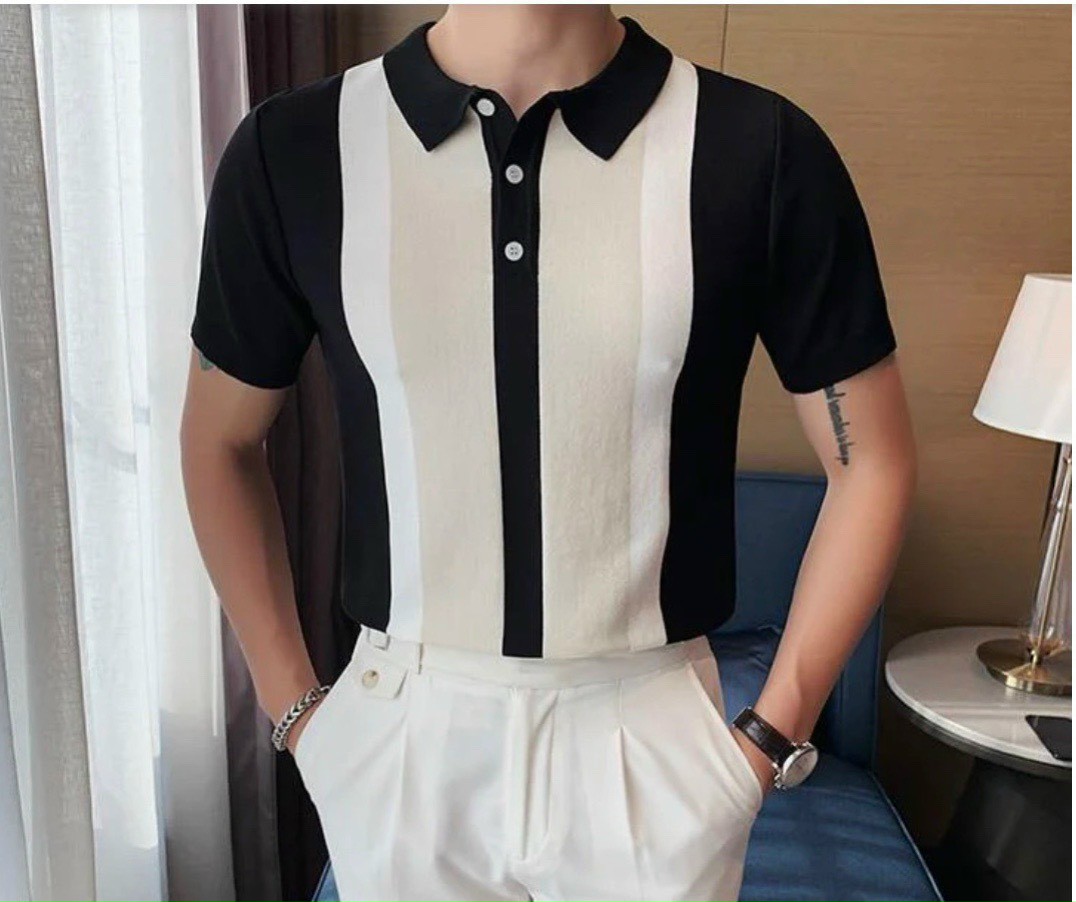 Áo Polo Nam Cổ Bẻ Phối Màu Dọc Màu Xanh Dương