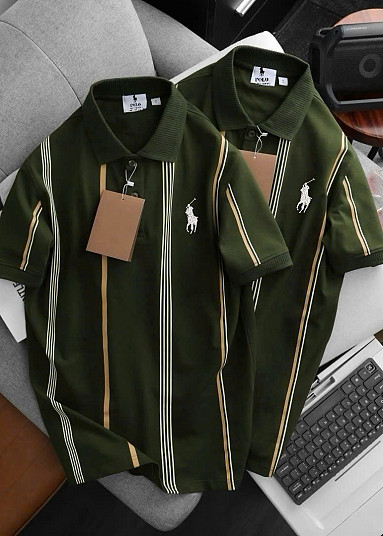 CS7969 - Áo Polo Nam Phối Màu Rêu Phối Sọc Dọc Tinh Tế