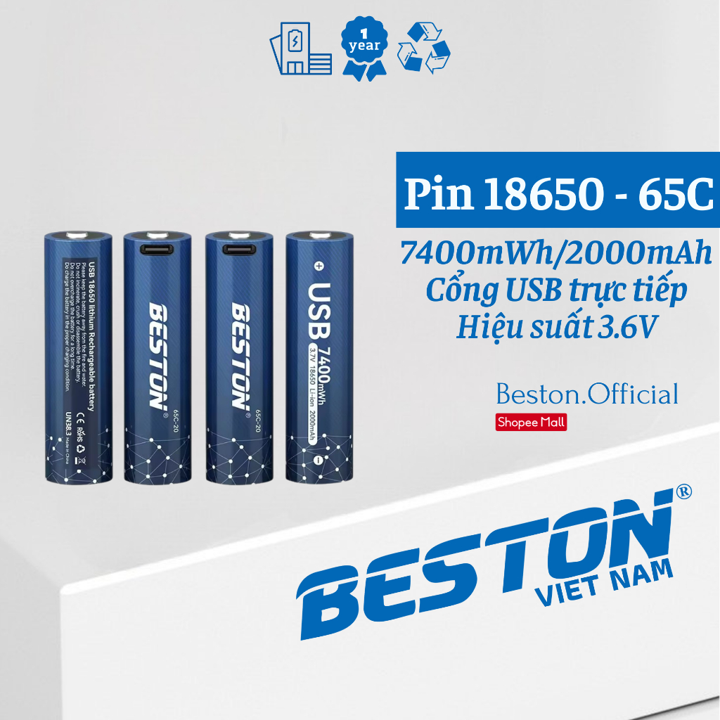 Pin sạc 18650 - 65C - Pin 3.6V cao cấp - Sạc trực tiếp bằng cổng micro USB không cần bộ sạc - Beston