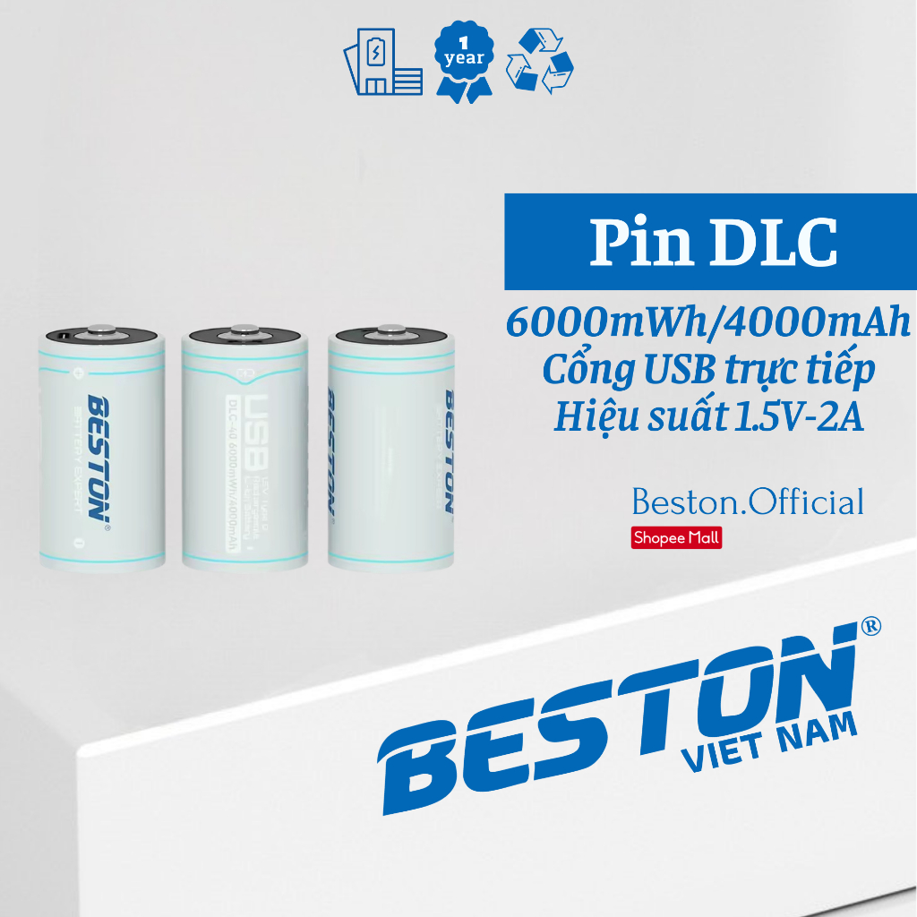 BESTON Pin đại D 1.5V 6000mWh sạc lại cổng sạc USB Type C DLC-40