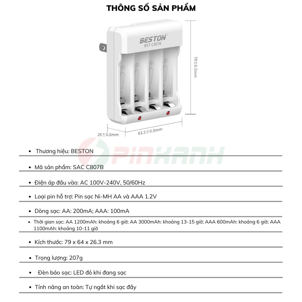 BESTON Sạc thường pin 1.2V 4 slot - SAC C807B