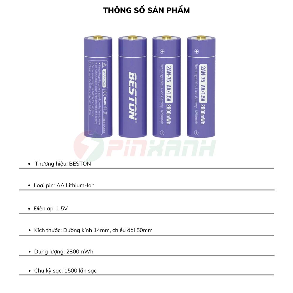 BESTON- Vỉ 4 viên pin sạc 1.5V (2AN-75) dùng lượng 2800mwh