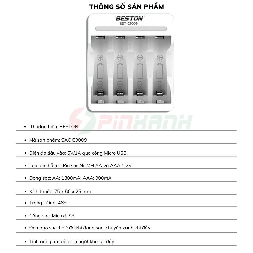 BESTON Sạc thông minh pin 1.2V 4 slot - SAC C9009