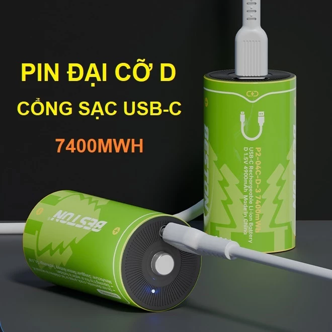 Pin đại Beston 1.5V 7400mWh cổng sạc USB- cỡ D dùng cho đèn pin, bếp ga, thiết bị công nghiệp