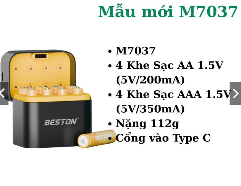 Hộp sạc pin AA AAA BESTON M7037 1.5V 8 khe mẫu mới USB-C dùng cho micro karaoke, máy ảnh, khóa cửa từ