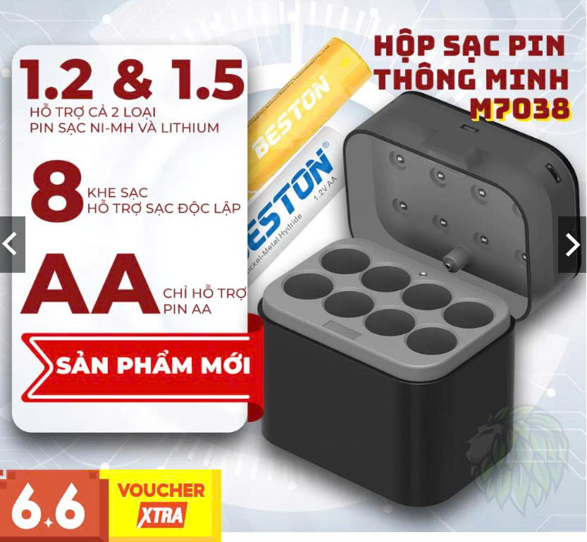 Hộp sạc Beston M7038 sạc được cho cả pin 1.2V và 1.5V, cổng sạc type C tiện lợi, có đèn báo sạc, mẫu mới ra mắt.