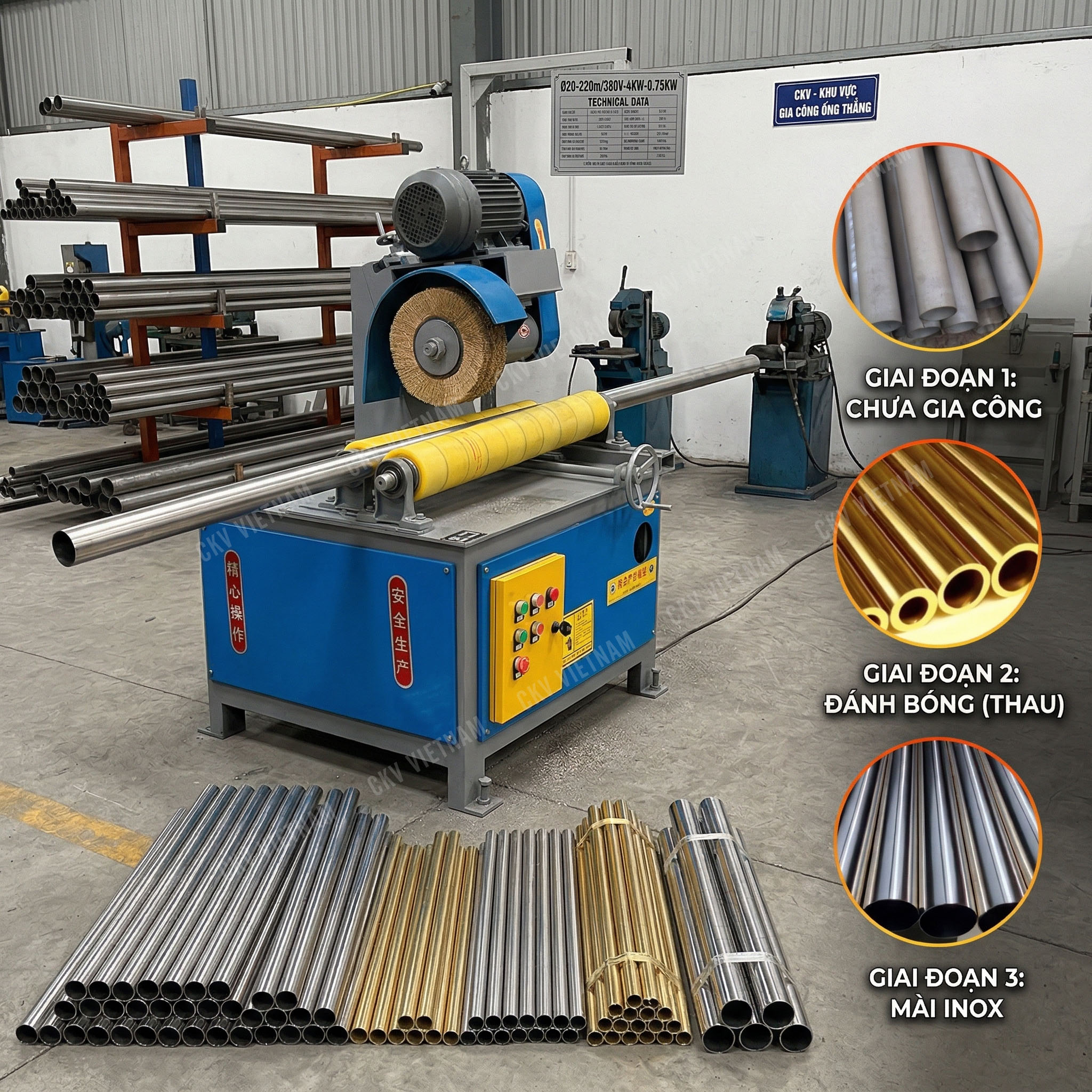 Máy mài, tẩy rỉ, đánh bóng ống tròn thẳng kim loại, nhựa...