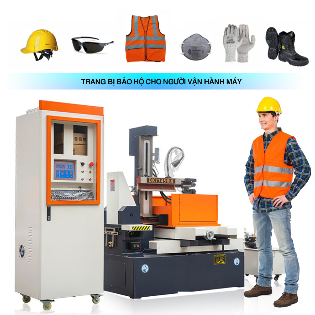 Kỹ thuật viên vận hành máy cắt dây EDM trang bị bảo hộ