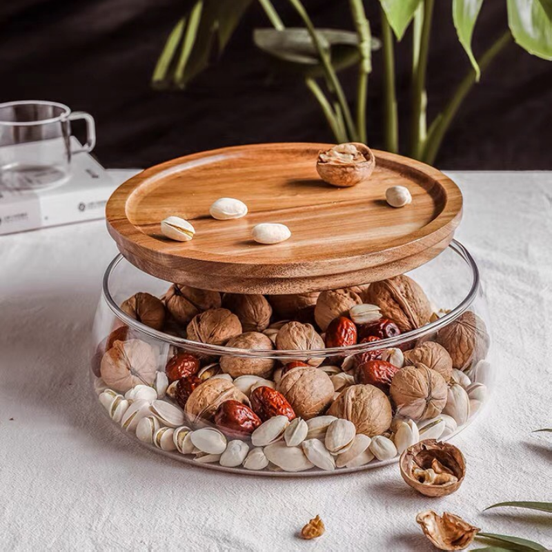 Hộp thuỷ tinh nắp gỗ đựng trái cây, hạt, bánh kẹo, hộp mứt tết