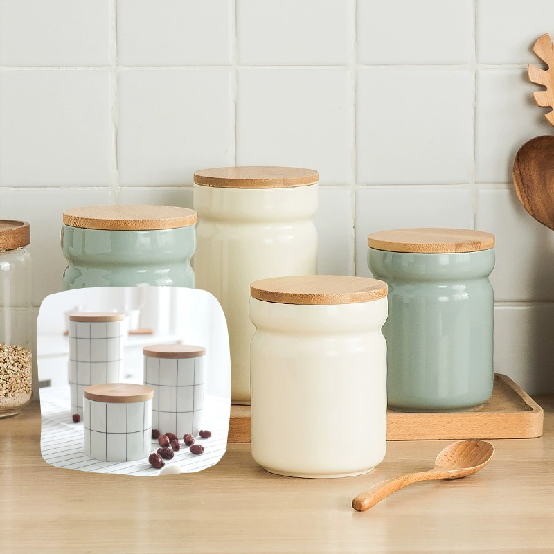 Hũ sứ nắp gỗ đựng gia vị, đồ khô, hạt decor nhà bếp