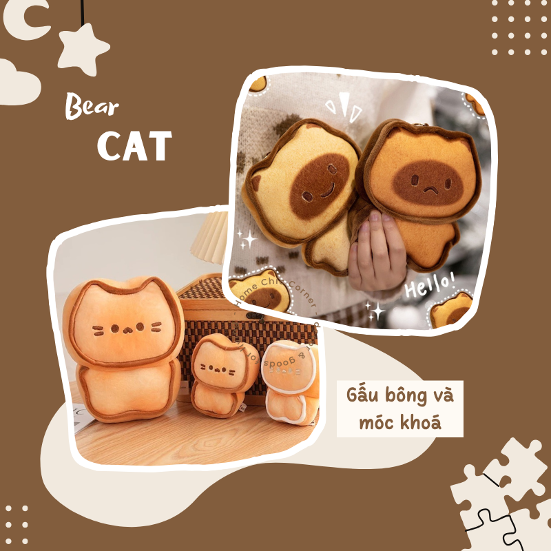 Gấu bông sandwich hình mèo, gấu bánh nướng, móc khoá hình mèo