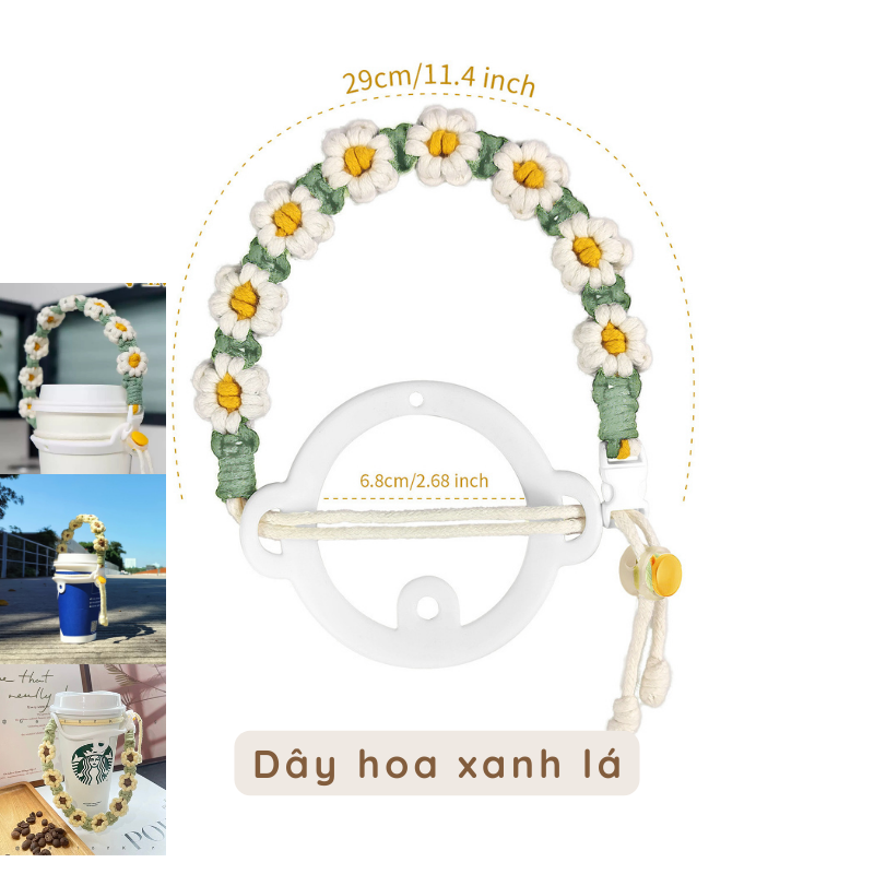 Dây đeo ly dây thừng bện hoa cúc nhí handmade