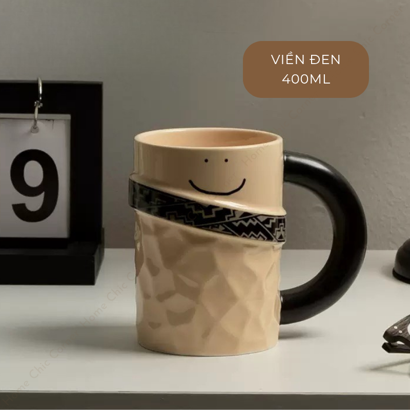 Cốc sứ tay cầm hoạ tiết viền mặt cười 400ml