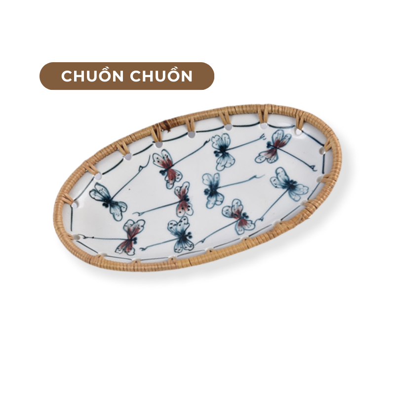 Đĩa sứ viền mây tre nhiều mẫu hoạ tiết phong cách Nhật