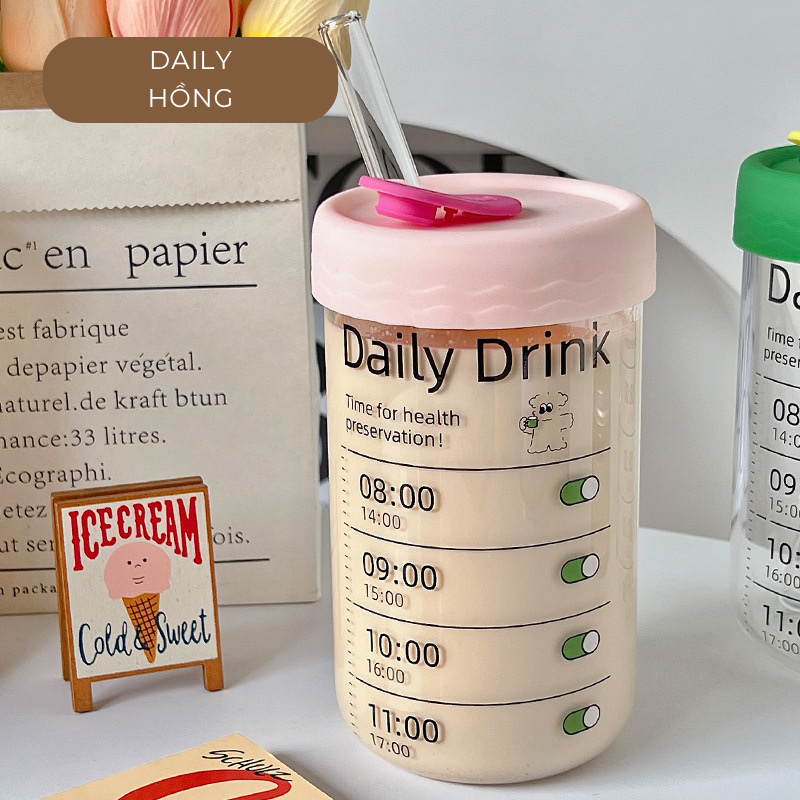 Ly uống nước daily 600ml thuỷ tinh (kèm ống hút)