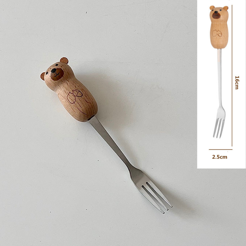 Muỗng nĩa cán gỗ hình gấu mèo dễ thương