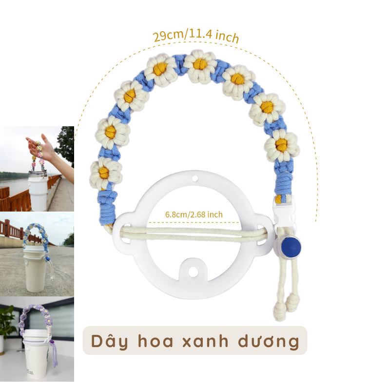 Dây đeo ly dây thừng bện hoa cúc nhí handmade
