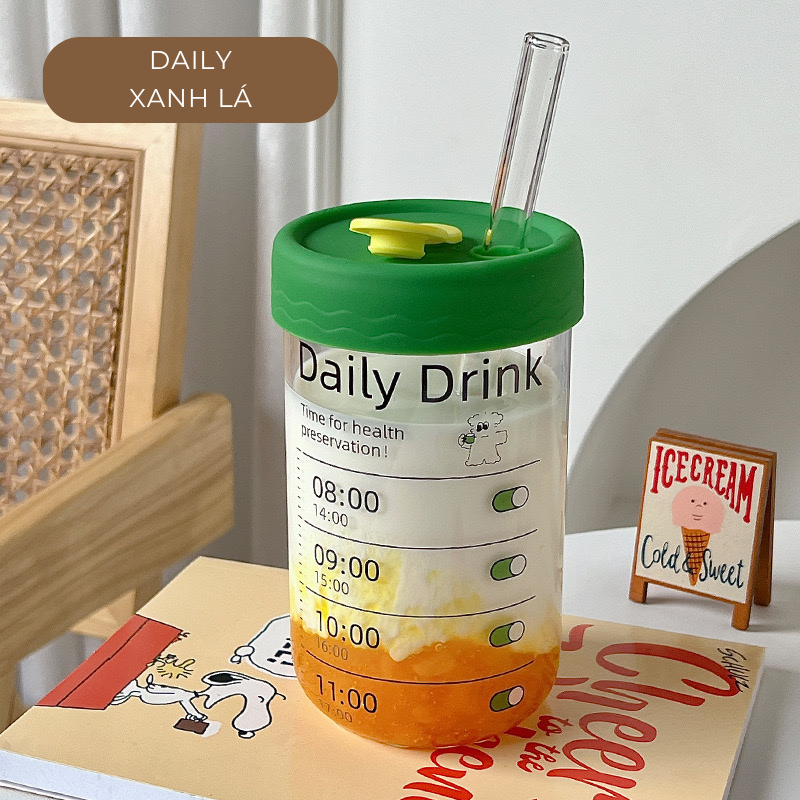 Ly uống nước daily 600ml thuỷ tinh (kèm ống hút)