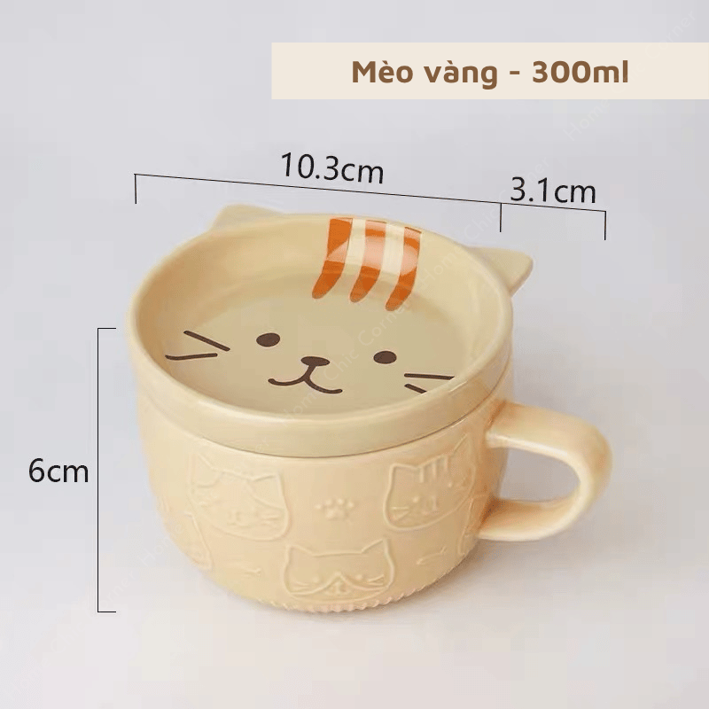 Cốc sứ hình mèo cún kèm nắp dễ thương
